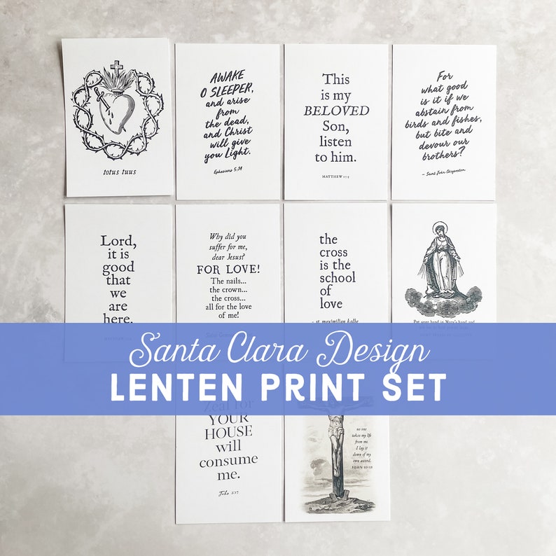 Lent Print Set with Wood Holder, Set of 10 Prints, Catholic print prayer pack with walnut holder, lenten desktop display cards, confirmation image 4