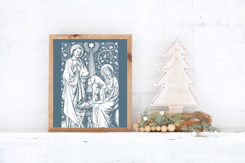 Holy Family Floral Nativity Print, Vintage Catholic Art, Catholic Art, Catholic gift, Christmas Decor, Catholic Nativity, Holy Family image 2