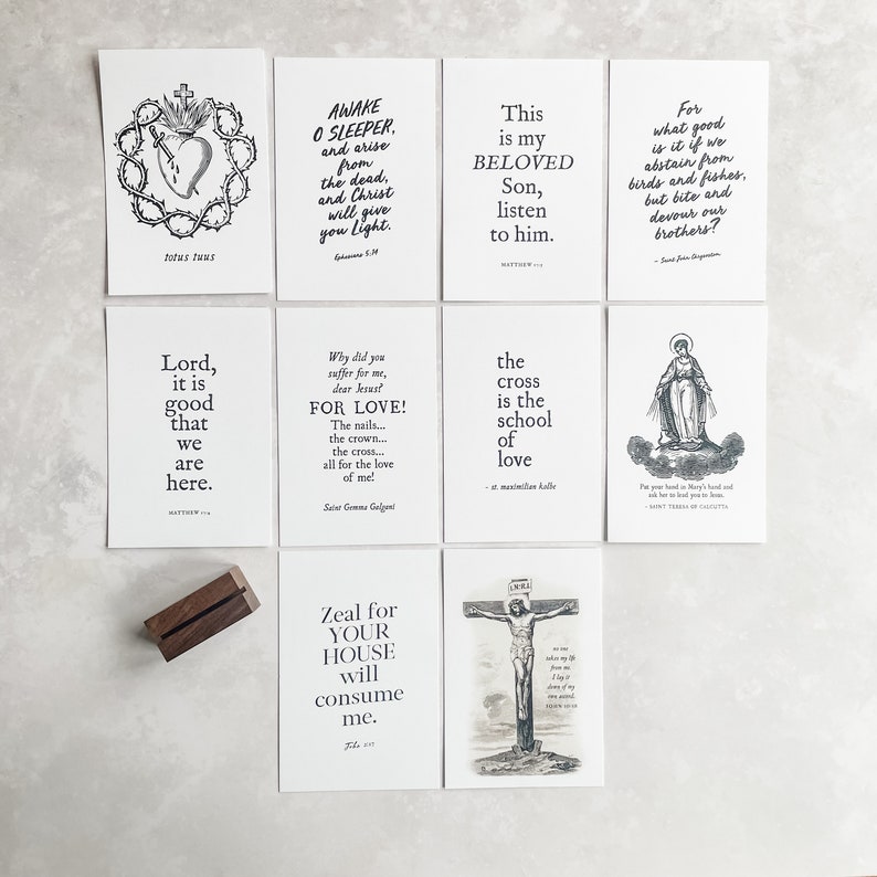 Lent Print Set with Wood Holder, Set of 10 Prints, Catholic print prayer pack with walnut holder, lenten desktop display cards, confirmation image 2