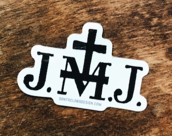 May include: White sticker with black lettering that reads "J.N.J." with a black cross above the letters. The text "SANTACLARADESIGN.COM" is printed below the letters.