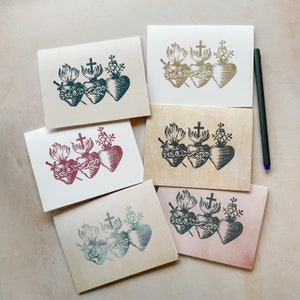 Pastel Three Hearts notecard and envelope set  - Holy Family Note Card Set of 6 - Hearts of Jesus Mary & Joseph - Catholic Cards