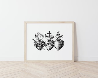 Three Sacred Hearts of the Holy Family, Catholic art print, Immaculate Heart of Mary, Sacred Heart of Jesus, Pure Heart of Joseph