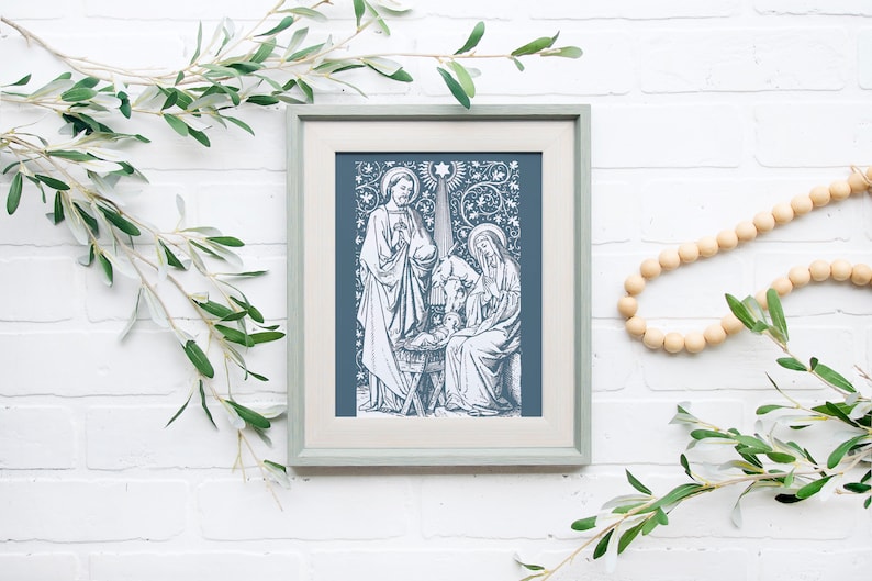Holy Family Floral Nativity Print, Vintage Catholic Art, Catholic Art, Catholic gift, Christmas Decor, Catholic Nativity, Holy Family image 3