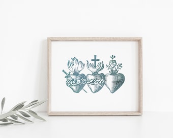 Three Hearts of Holy Family, Catholic art print, Immaculate Heart of Mary, Sacred Heart of Jesus, Pure Heart of Joseph, landscape, portrait
