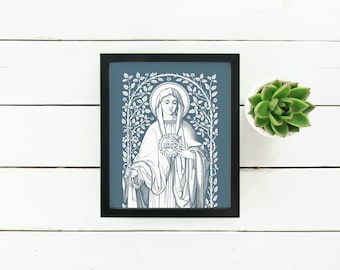Immaculate Heart of Mary Floral Art Print, Heart of Mary vintage, Vintage Catholic art print, Catholic wall art, heart of Mary, Catholic
