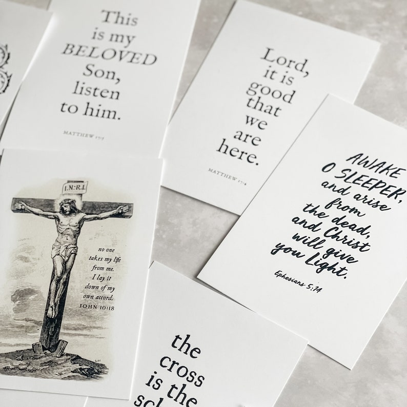 Lent Print Set with Wood Holder, Set of 10 Prints, Catholic print prayer pack with walnut holder, lenten desktop display cards, confirmation image 5