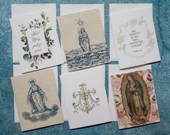 Marian Notecard Set of 6 or 12 assorted cards + envelopes A2 - Hail Mary, Rosary, Stella Maris, Guadalupe stationery for her, catholic gift