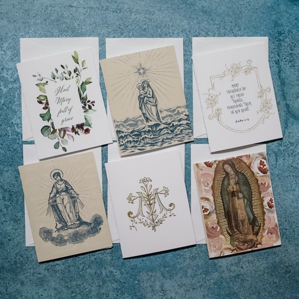 Marian Notecard Set of 6 or 12 assorted cards + envelopes A2 - Hail Mary, Rosary, Stella Maris, Guadalupe stationery for her, catholic gift