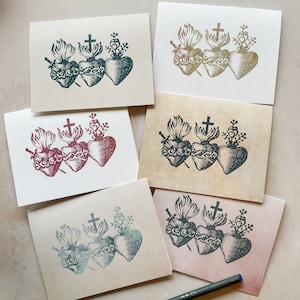 Pastel Three Hearts notecard and envelope set  - Holy Family Note Card Set of 6 - Hearts of Jesus Mary & Joseph - Catholic Cards