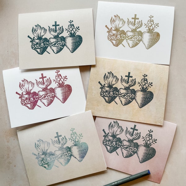 Pastel Three Hearts notecard and envelope set  - Holy Family Note Card Set of 6 - Hearts of Jesus Mary & Joseph - Catholic Cards