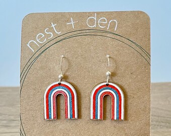 Patriotic Earrings - 4th of July Earrings - Dangle Flag Earrings with Stars - Laser Cut Wood Lightweight Earrings with Silver French Hooks