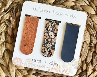Autumn Floral Magnetic Bookmark Set - Faux Leather/ Cork Magnetic Bookmarks | Pretty Bookmarks for Women | Fall Gift for Women