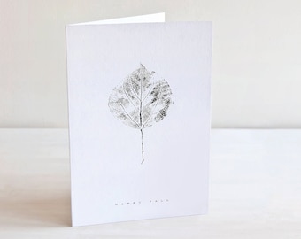 Happy Fall Card - Autumn Leaves Card featuring Ink Print from Real Aspen Leaf / Black and White Modern Fall Greeting Card / Friendship Card