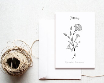 Birth Month Flower Birthday Card / Black and White Modern Greeting Card / Friendship Card / Floral Birthday Card/ Birth Flower Gift