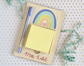 Portanotas adhesivas para profesores con portalápices / Regalos personalizados para profesores - Portanotas adhesivas arcoíris pastel para un regalo de agradecimiento a los profesores