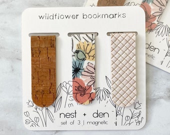 Wildflower Magnetic Bookmark Set - Faux Leather/ Cork Magnetic Bookmarks | Bookmark for Women | Stocking Stuffer | Pretty Magnetic Bookmark