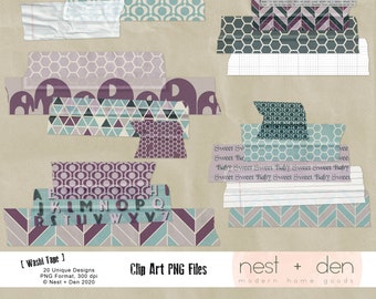 Digital Washi Clipart - PNG Digital Clipart Washi Tape with Elephants, Chevron Pattern, Honeycomb, and Birds / Digital Scrapbook Clipart