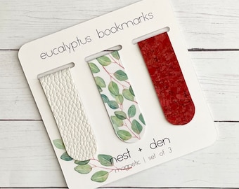 Ensemble de signets magnétiques en forme de feuilles d'eucalyptus - Similicuir + signets en liège pour femme | Cadeau pour amoureux des plantes pour femme | Joli marque-page magnétique
