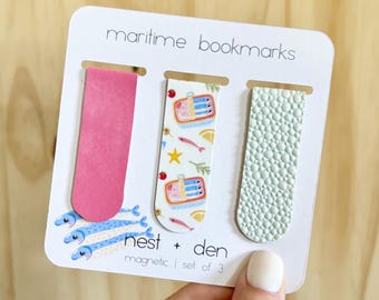 Maritime Magnetic Bookmark Set -  Playful Canned Sardines Pattern | Faux Suede Magnetic Bookmark | Ocen Blue Pebbled Faux Leather Bookmark