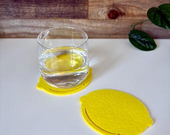 Bright Lemon Coasters - Eco-Felt Coasters for Coffee Table Decor | Lemon Gift for Her | Absorbant Coaster Set with Holder | Hostess Gift