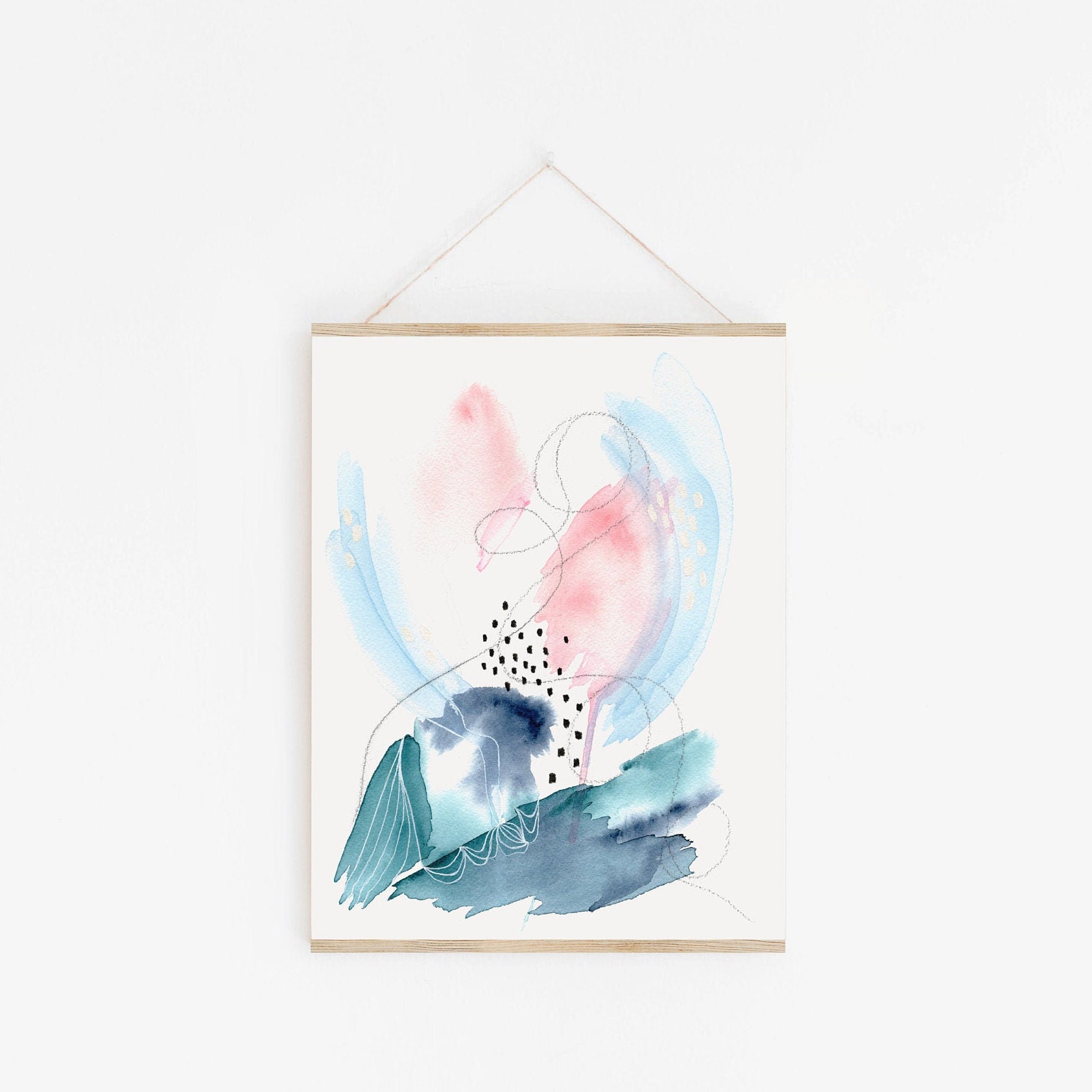 Pink and Blue Abstract Wall Art Modern Watercolor Print of Original ...