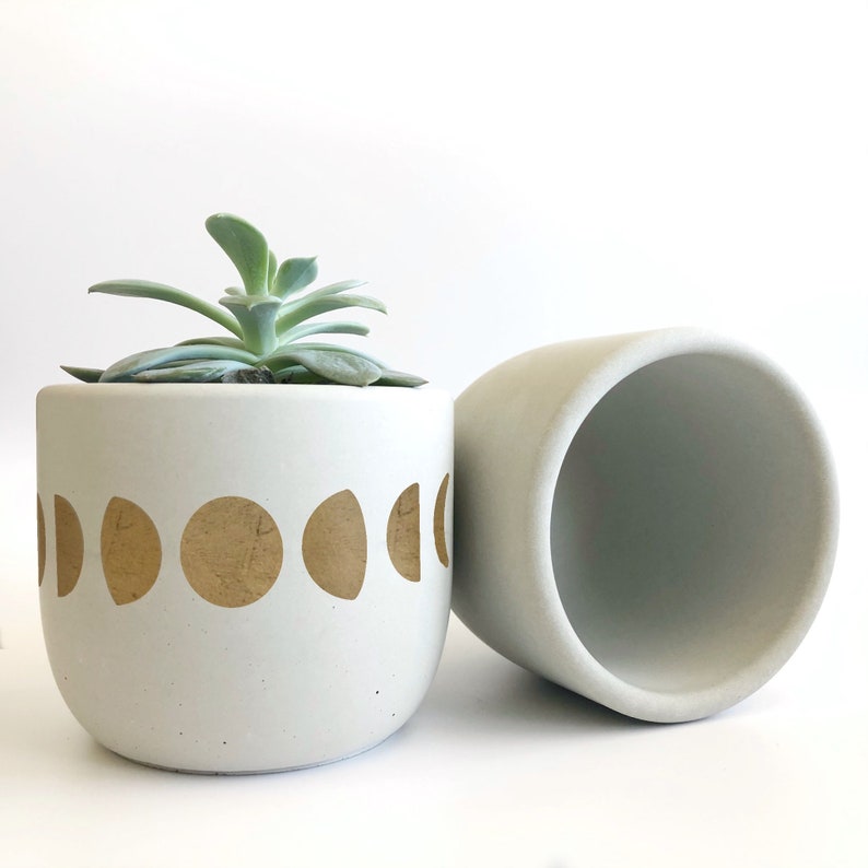 Moon Phases Planter Hand Painted 3 Concrete Planter, Succulent Planter Pot with Drainage / Moon Decor for Mothers Day Gift, Gift for Mom Metallic Bronze