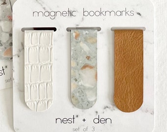 Neutral Magnetic Bookmark Set - Faux Leather Magnetic Bookmark | Bookmark for Women | Terrazzo Accesory for Women | Pretty Magnetic Bookmark