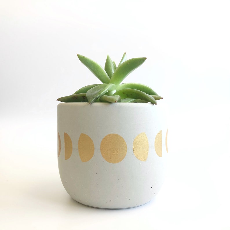 Moon Phases Planter Hand Painted 3 Concrete Planter, Succulent Planter Pot with Drainage / Moon Decor for Mothers Day Gift, Gift for Mom Metallic Gold