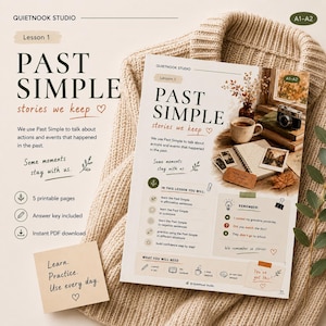 Può includere: Una scheda didattica stampabile intitolata Past Simple Stories We Keep di Quietnook Studio. La pagina mostra una tazza di caffè, una fotocamera vintage, un taccuino e foto. Include obiettivi della lezione, esempi grammaticali e materiali.