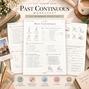 Könnte beinhalten: Ein Past Continuous-Arbeitsblatt aus der Quiet Grammar Series für das A2-Niveau. Das Dokument enthält nummerierte Übungen, Strichzeichnungen von Personen bei verschiedenen Aktivitäten sowie Grammatikaufgaben zum Ausfüllen.
