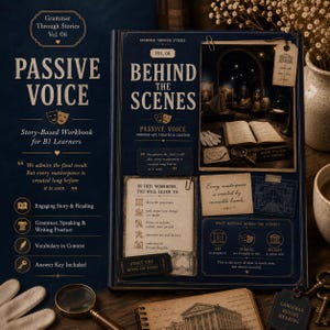 Op de afbeelding: Een donkerblauw educatief werkboek getiteld Grammar Through Stories Vol. 06 Passive Voice. De omslag bevat een foto met een theater-thema, tekst over leerdoelen en decoratieve elementen zoals een vergrootglas en notities in vintage-stijl.