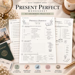 Könnte beinhalten: Ein Present Perfect Arbeitsblatt für A2 Grammatikübungen aus der Quiet Grammar Serie. Das Dokument enthält Übungen zum Vervollständigen von Sätzen, zum Schreiben von Fragen und zur Verwendung von for oder since, inklusive Lösungsschlüssel und Reise-Illustrationen.