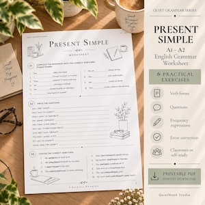 May include: A white paper English grammar worksheet titled Present Simple from the Quiet Grammar Series. The document features three sections of exercises including fill-in-the-blank sentences, question formation, and verb form selection with line art illustrations.
