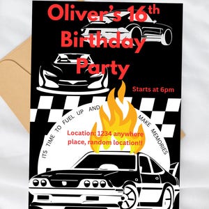Op de afbeelding: Zwarte verjaardagsuitnodiging met rode tekst en autografische elementen. De uitnodiging luidt "Oliver's 16e verjaardagsfeest" met de tijd- en locatiegegevens. Het ontwerp bevat vlammen en een geblokte vlag.