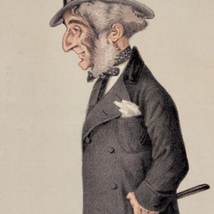 Könnte beinhalten: Aquarellillustration eines Mannes mit Zylinder und Mantel, der einen Gehstock hält. Der Mann hat eine lange Nase, graues Haar und eine gemusterte Fliege. Ein weißes Taschentuch steckt in seiner Manteltasche.