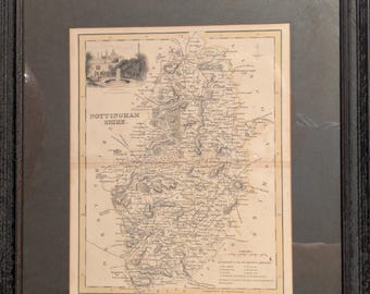 Ancienne carte du Nottinghamshire, Angleterre, vers 1840, par Archibald Fullarton encadrée