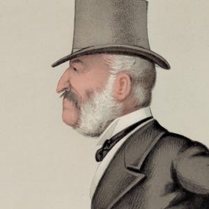 Könnte beinhalten: Seitenprofil-Illustration eines Mannes mit grauem Zylinder, schwarzem Anzug und weißem Hemd mit Kragen und Fliege. Der Mann hat einen weißen Bart und Schnurrbart und eine markante Nase. Die Illustration ist im Vintage-Stil gehalten.