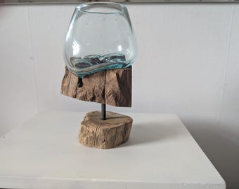 Molten Glass Vase on Driftwood | Hand Blown Recycled Glass