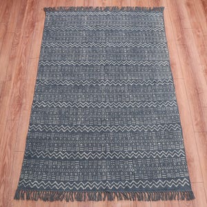 Blue Indigo Hand Block Hand Woven Cotton Flatweave Kilim Rug, Boho Blue Rug Sizes 5x8,6x9,8x10,9x12