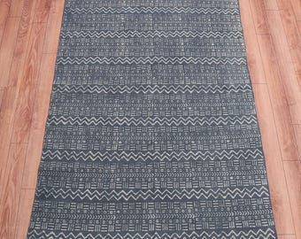 Hand Block Printed Cotton Kilim Rug, Boho Indigo Flatweave Home Decor