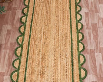 Handgeweven jute vloerkleed: groene geschulpte rand, boho-bohostijl