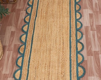 Hand Braided Jute Rug: Scalloped Boho Doormat with Black Border