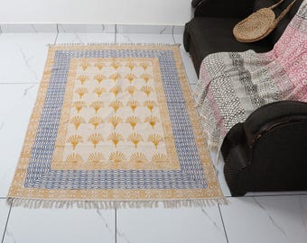 Hand Block Print Cotton Rug: Handmade Indian Kilim, Boho Style
