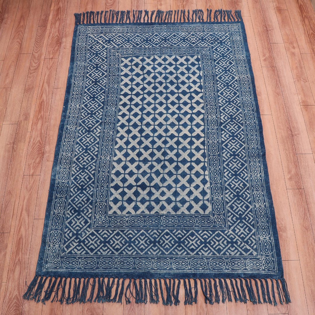 Handmade Indigo Block Print Cotton Rug – Indian Decor - Etsy