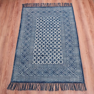 Block Print Cotton Indigo Blue and White pure Cotton Hand Block Print Indian Rug- Handmade Print rug