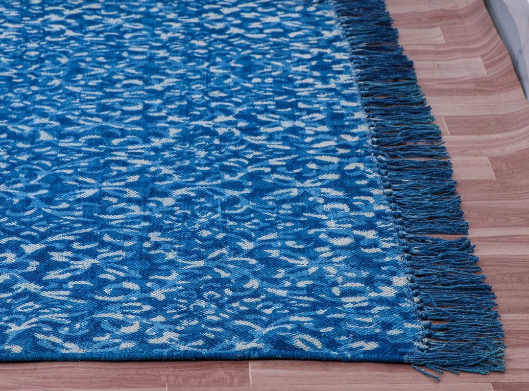Blue Indigo Hand Block Printed Cotton Rug: Boho Kilim, Hand Woven Sizes ...