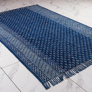Blue Indigo Hand Block Hand Woven Cotton Flatweave Kilim Rug, Boho Blue Rug Sizes 5x8,6x9,8x10,9x12
