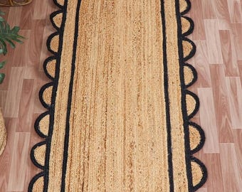 Hand Braided Jute Rug: Scalloped Boho Doormat with Black Border