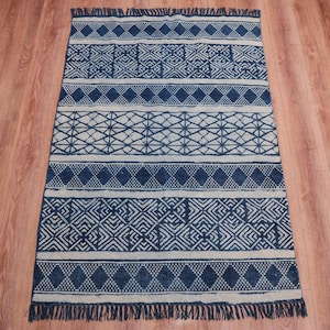 Blue Indigo Hand Block Hand Woven Cotton Flatweave Kilim Rug, Boho Blue Rug Sizes 5x8,6x9,8x10,9x12