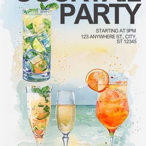 Sjabloon uitnodiging cocktailparty | Bewerkbare canvasuitnodiging | Afdrukbare happy hour-uitnodiging | Digitale download | Moderne feestkaart